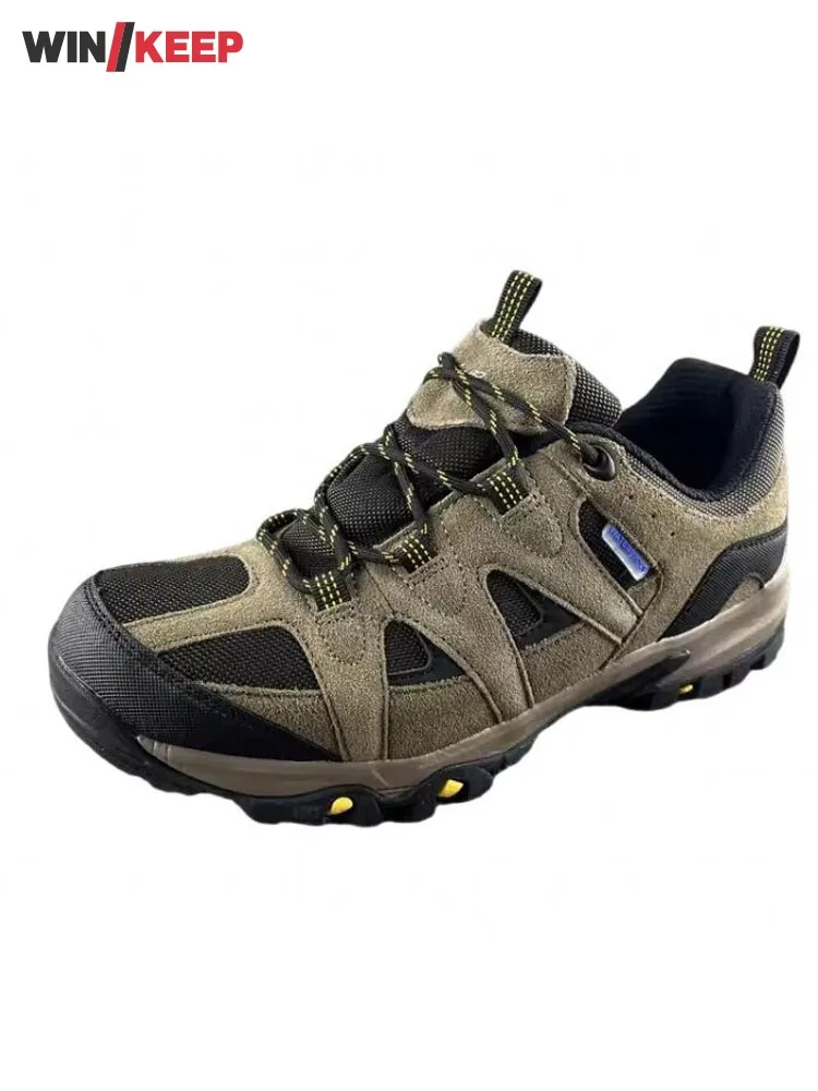 Sapatos de caminhada de couro emendados respiráveis para homens, Low Cut, impermeável, Camping Sport Shoes, plataforma antiderrapante, Trekking Sneakers, Sportswear