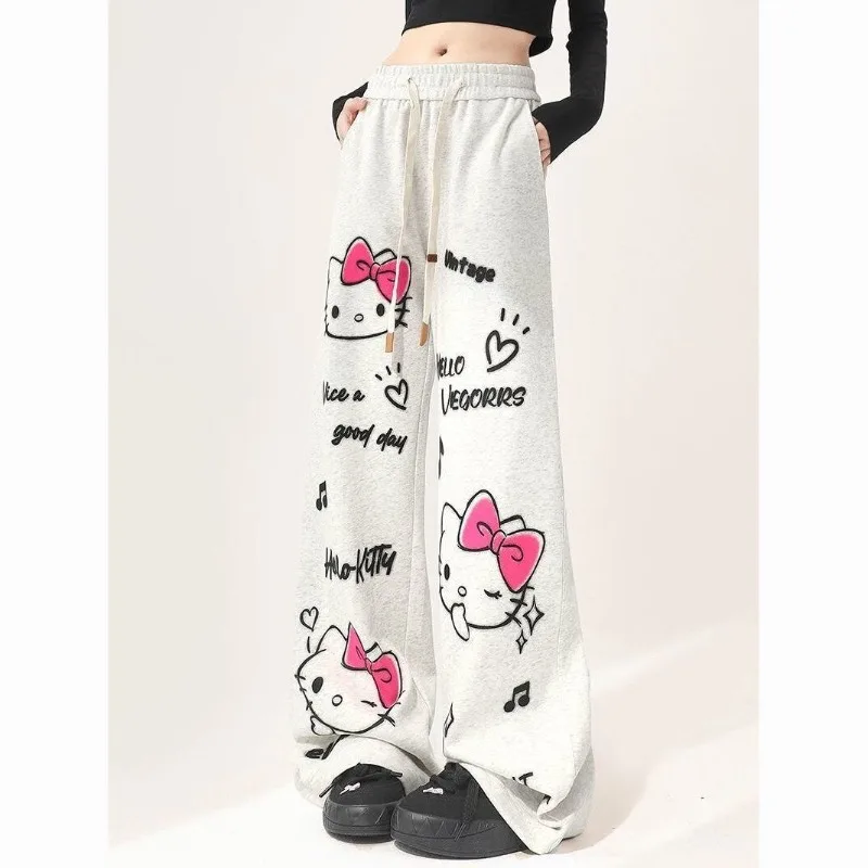 יפנית שלום קיטי מודפס מכנסי נשים באביב סתיו סתיו חדש גרפיטי ישר רופפים הרגל רחב צדדי Y2k נשים