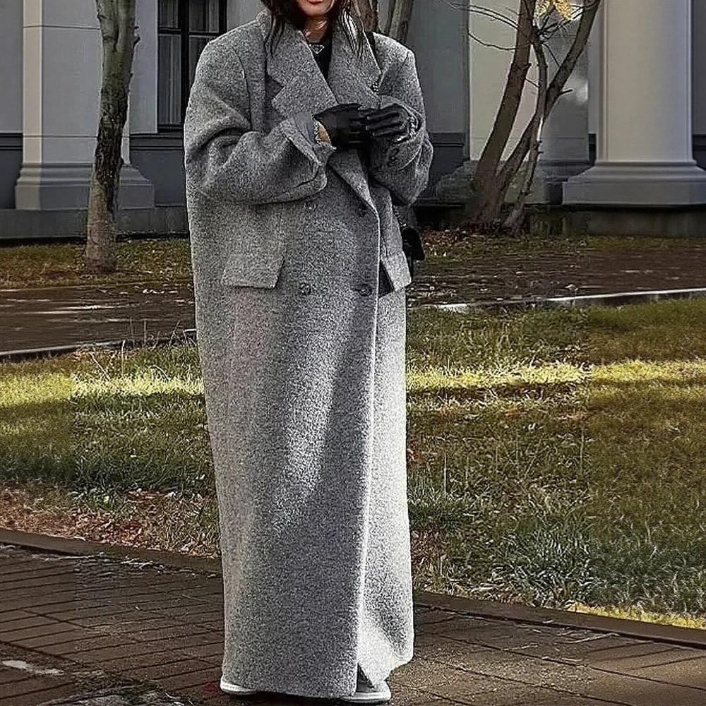 

Autumn Winter Women's Double Breasted Long Sleeve Lapel Overcoat Simple Solid Color Office Lady Style