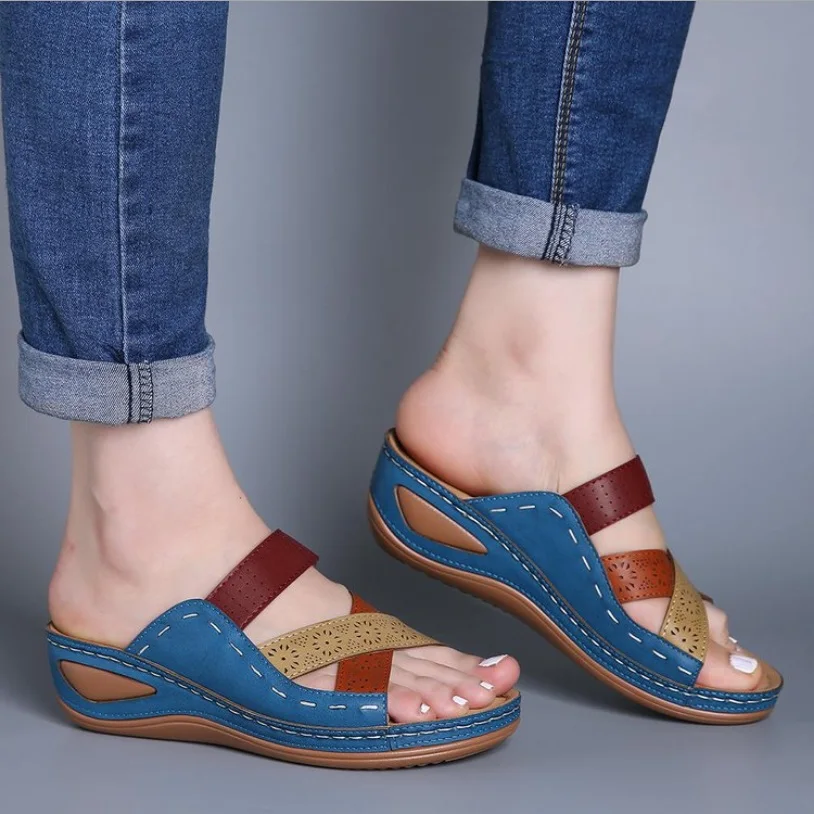 Summer Women Wedge Sandals Premium Orthopedic Open Toe Slippers Vintage Anti-Slip Leather Casual Female Platform Retro Shoes