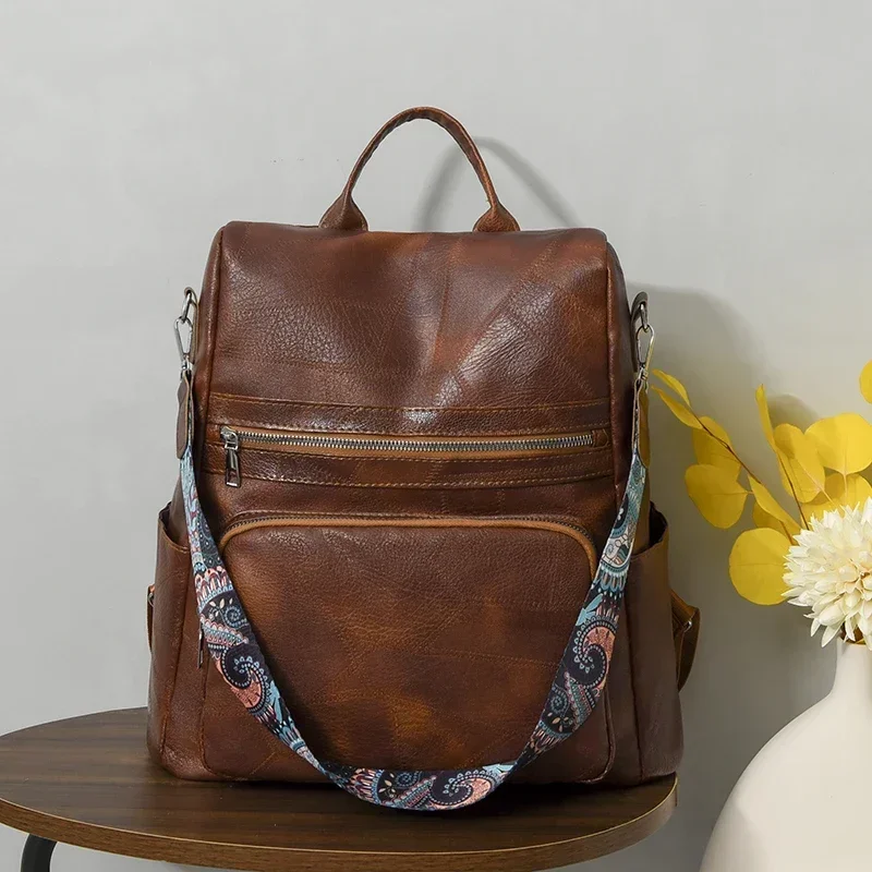 Retro PU Solid Backpack 2025 Fashion Women's Designer Commuter Bag Retro Small Women's Schoolbag Multifunctional Shoulder Bag