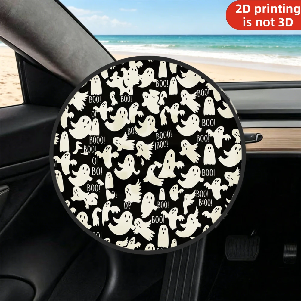 1pc Sunshade Steering Wheel Cover, 2D Flat Printing White Ghosts Saying Boo On Black Background Pattern Print, Sunshade