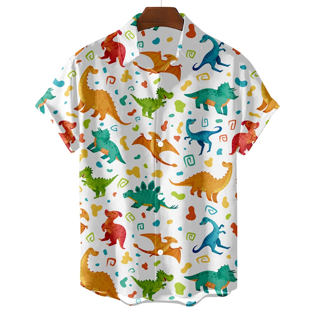 Camisa simples havaiana masculina, desenhos animados fofos, estampa de dinossauro, lapela, extragrande, roupas casuais, manga curta, blusa de animais, moda