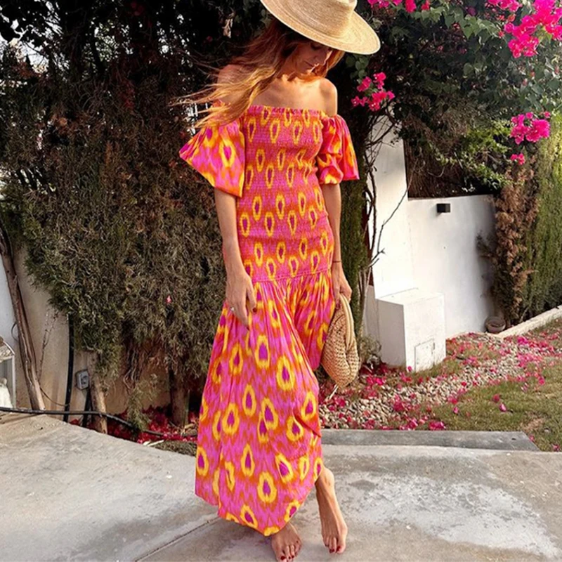 AYUALIN Sexy Off Shoulder Slash Neck Rayon Dresses Summer Casual Long Vestidos Vintage Puff Sleeve Beach Boho Dress Women Robe