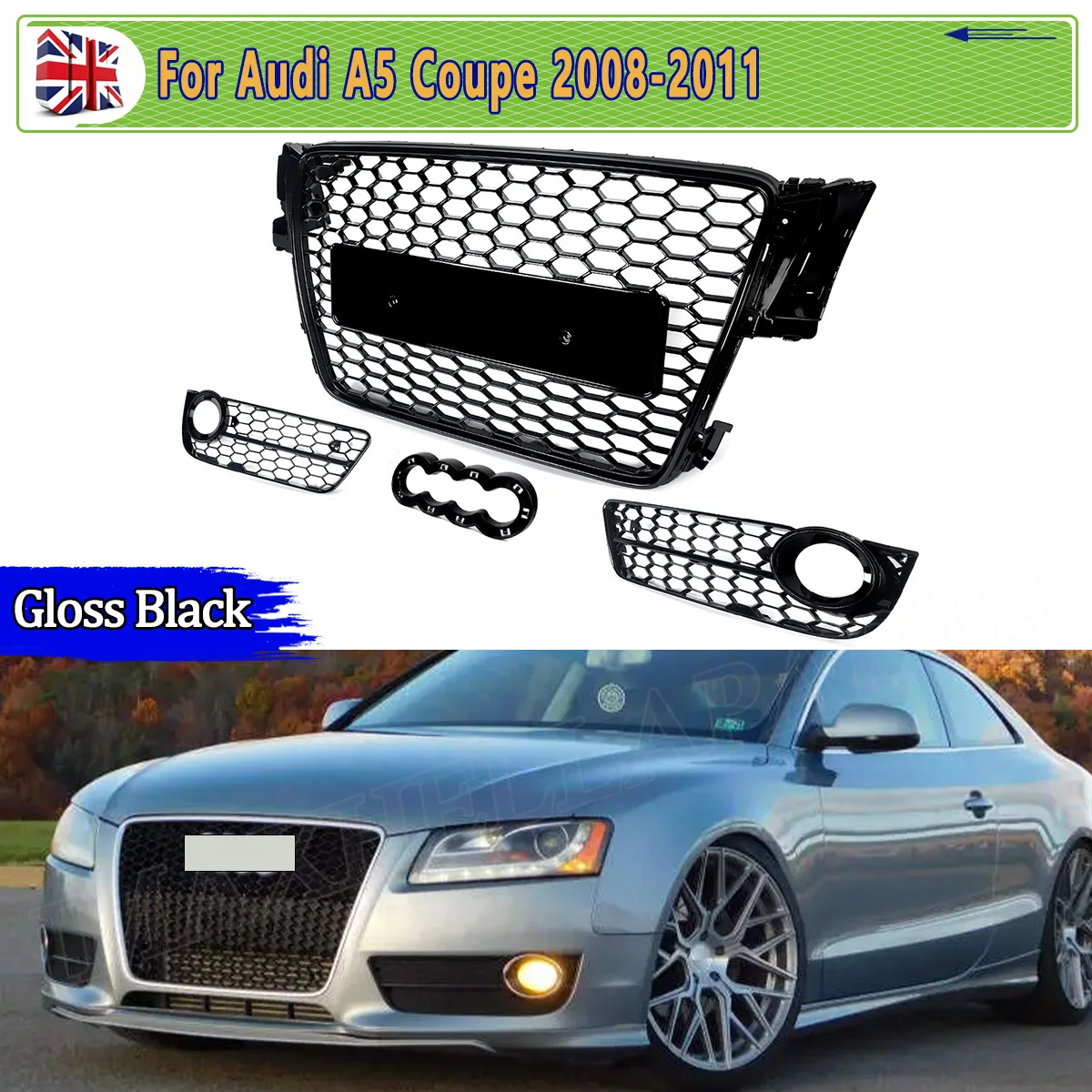 Front Center Racing Grill met mistlampafdekking Grille Mesh voor Audi A5 Standaard Bumper Coupe Sportback 2008-2011 RS-stijl - afbeelding 2