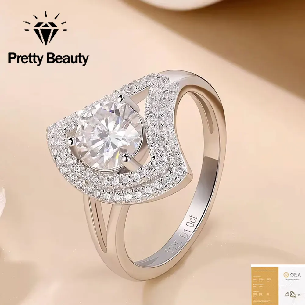Pretty Beauty 1ct Moissanite Engagement Ring for Women 925 Silver Split Shank Double Halo Pave Band Diamond Wedding Band Jewelry