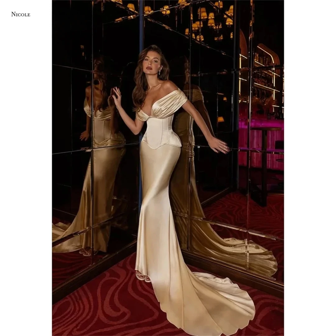 

Nicole Women Evening Dress 2025 Gold Women's Prom Dress Luxury Off-shoulder Custom Made Luxury Dresses for Party Satin Cloth