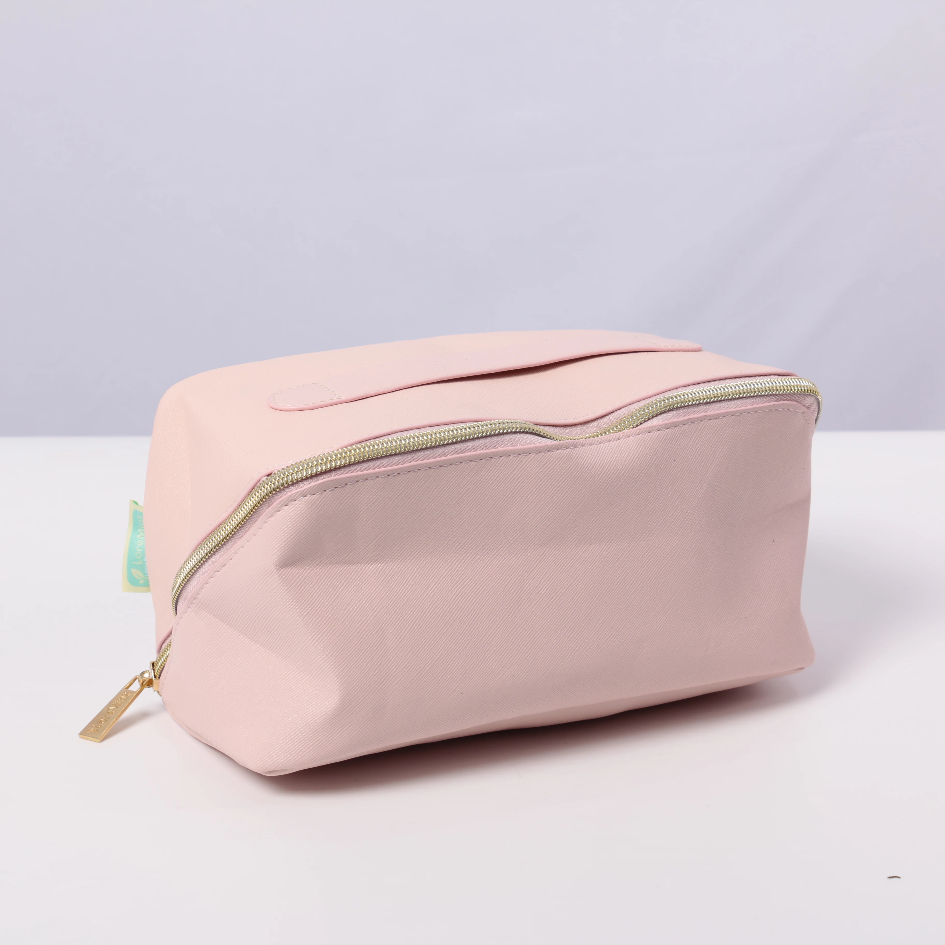 2 Pack Pink PU Leather Lay Flat Makeup Bag, Travel Cosmetic Organizer with Angled Zipper, Comes with Separate Makeup Brush Storage Pouch