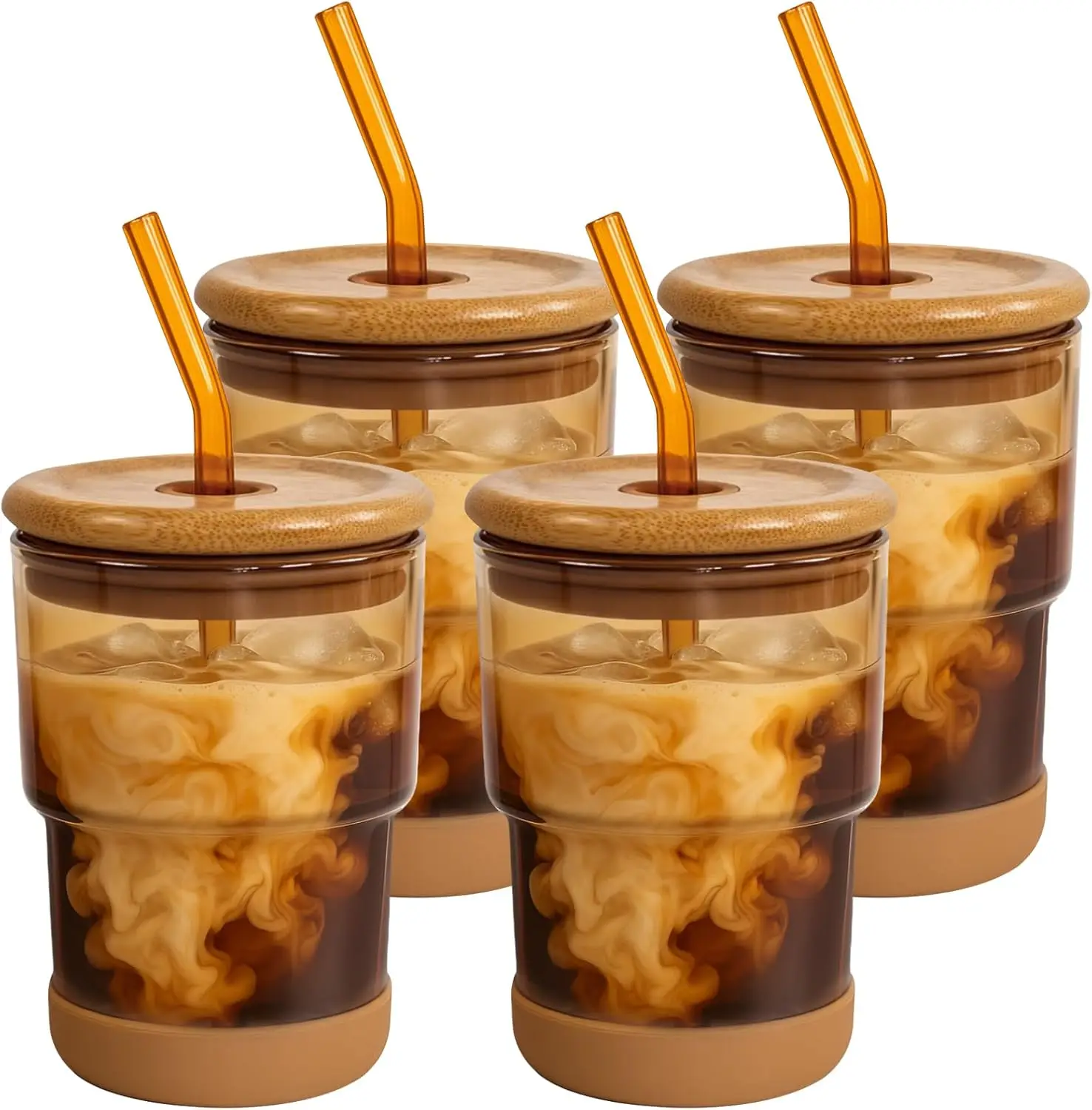 

13oz Glass Iced Coffee Cups with Bamboo Lid & Straw, Eco-Friendly Tumbler for Office Home Use, 4 Pack