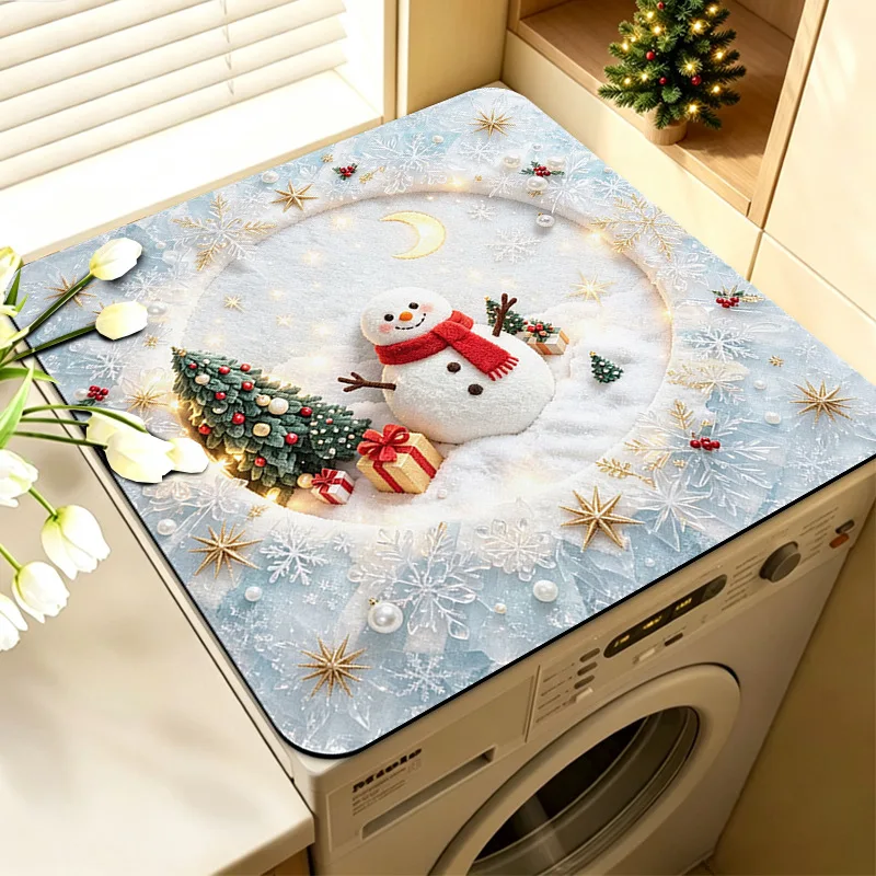 Christmas Washing Machine Top Mat Absorbent Dust Proof Cover Counter Mat Retro Golden Bell Snowflake Holiday Decor
