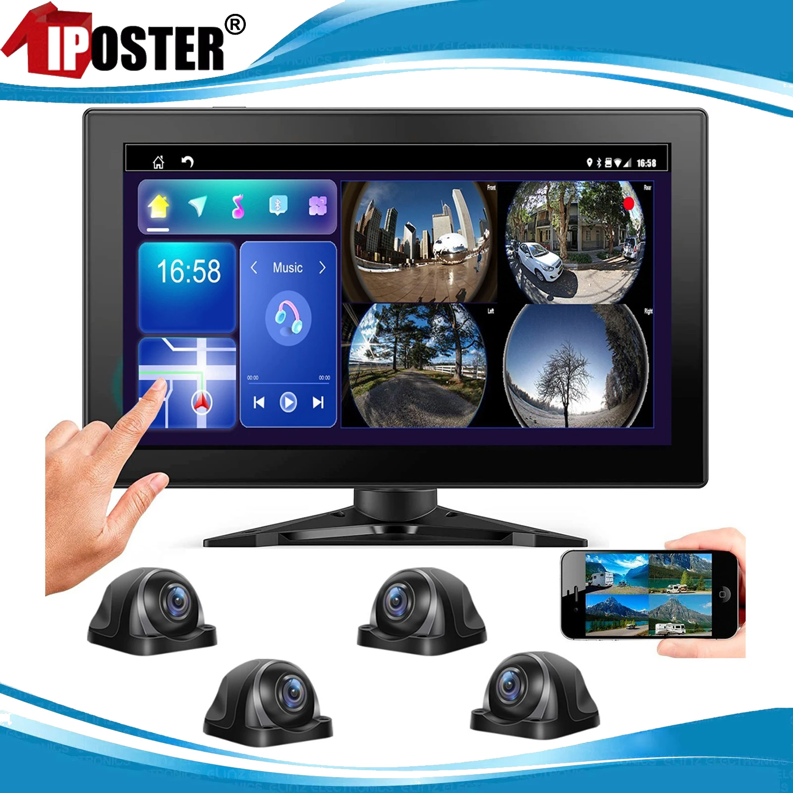 

iPoster 10.1" Touch Screen 4G GPS DVR Monitor Bluetooth Phone Call MP5 Video Audio + 360 View 4x AHD 1080P Backup Cameras Kits