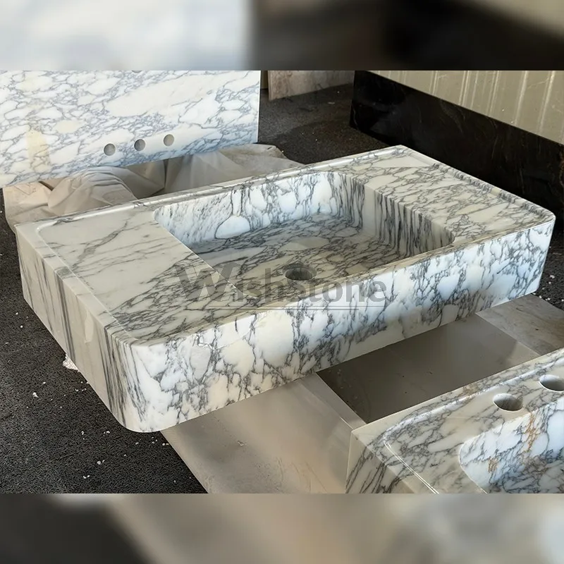 Calacatta Viola Marble Integrated Sink Countertop One Piece Solid Stone Wash Basin For Bathroom Vanity Custom Size