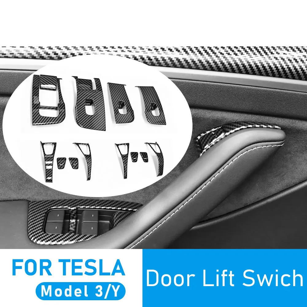 14pcs For Tesla Model 3 Y 2017-2022 Car Window Lifter Door Switch Button Carbon Fiber Stickers Auto Stock Decorate Covers