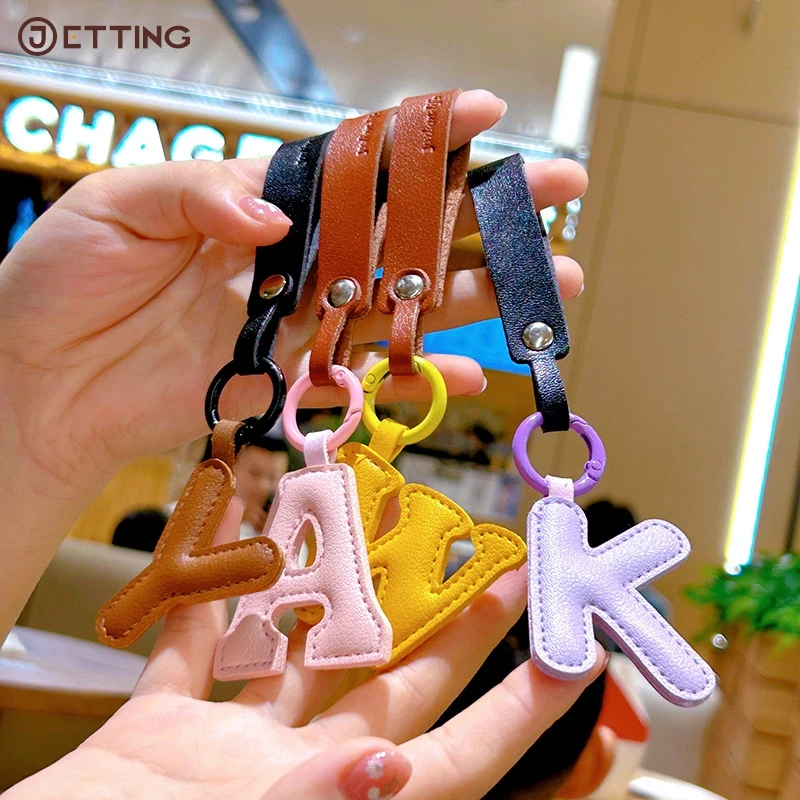 

1*A To Z PU Leather Initial Letter Keychain For Women Fashion Cartoon Candy Color Bag Phone Pendant Car Key Chain Jewelry Gifts