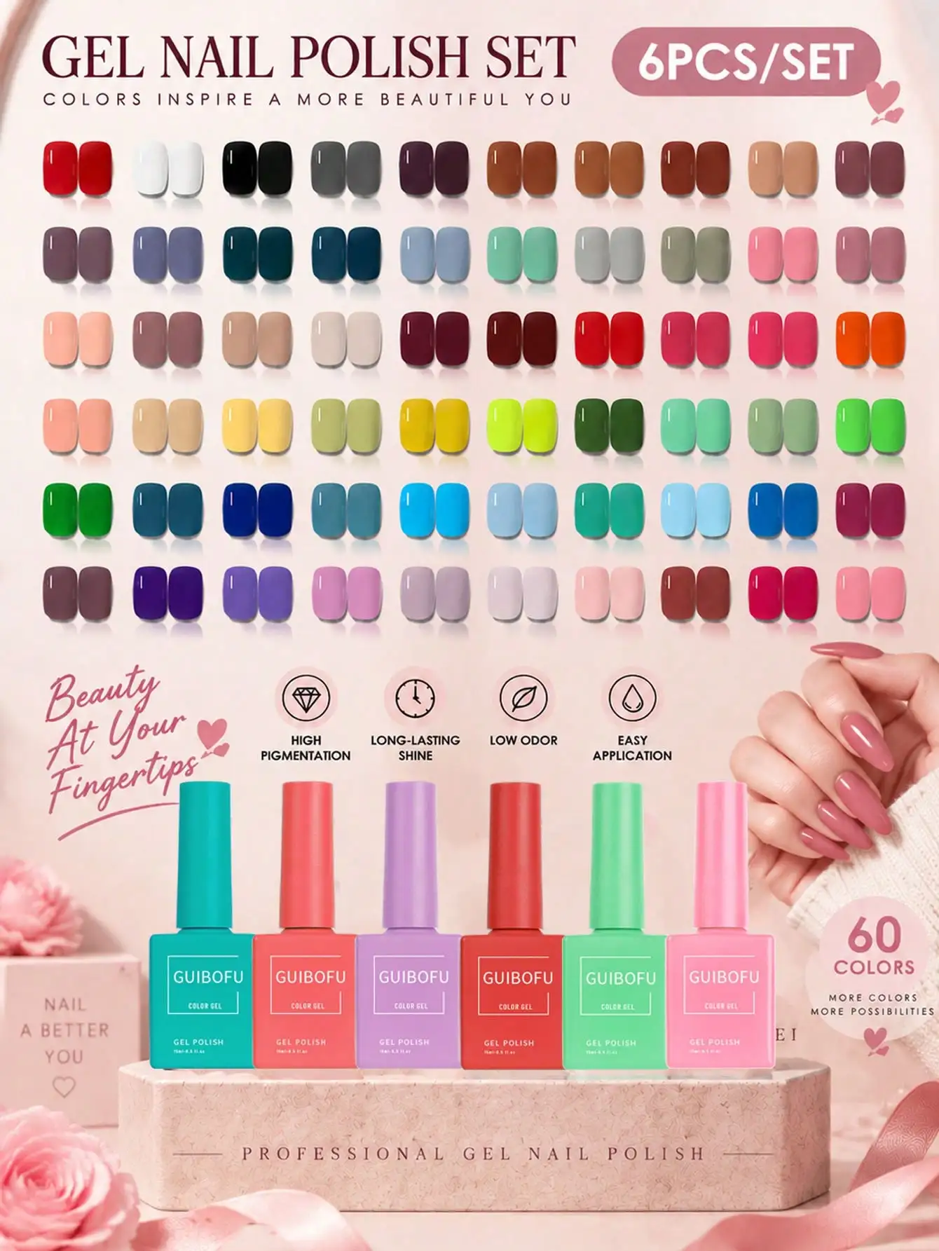 6 Colors Gel Nail Polish Set with Color-Matched Bottles,Spring Fall Winter Summer Nail Art for Women,Home DIY Manicure