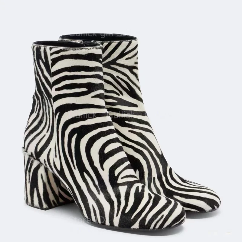 Zebra Chunky Heel Round Toe Ankle Booties Slip On Runway 2026 Winter Autumn Trends Handmade Brown Black Leather Fashion Shoes