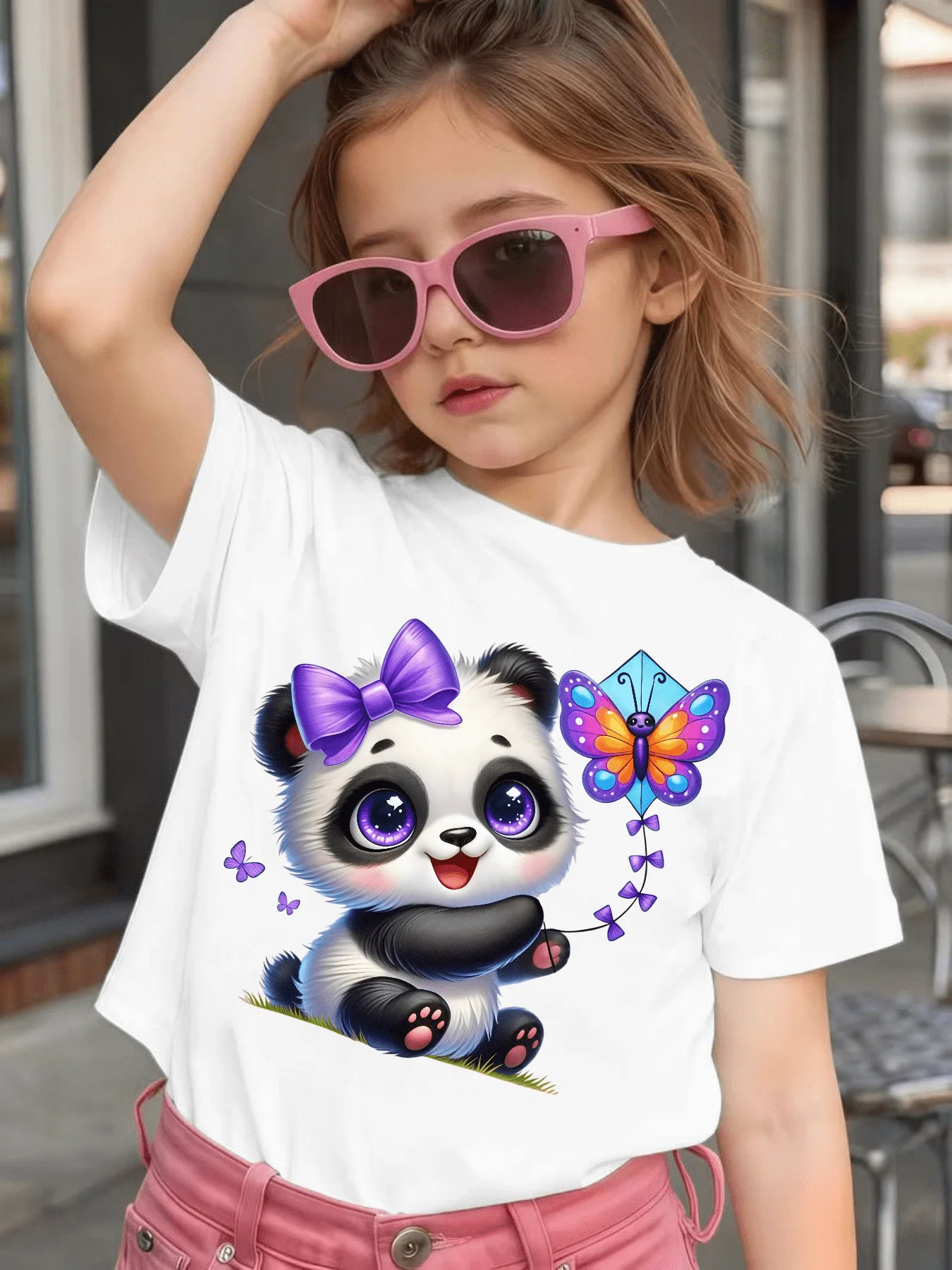 Cute Panda Butterfly Kite Cartoon Graphic Kids Tee Boys Girls Family Matching Cotton Crew Neck Short Sleeve Soft Summer Tee