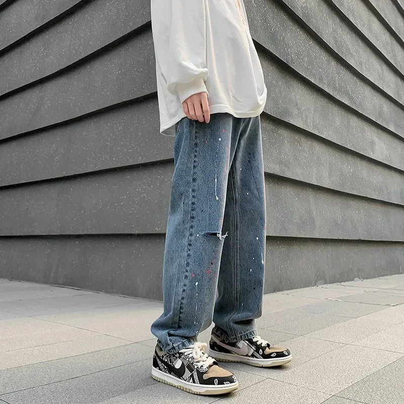 2024 New Fashion Ink Splash Hole Ripped Straight Men Baggy Jeans Trousers Chic Vintage Hip Hop Denim Pants For Teens Ropa Hombre