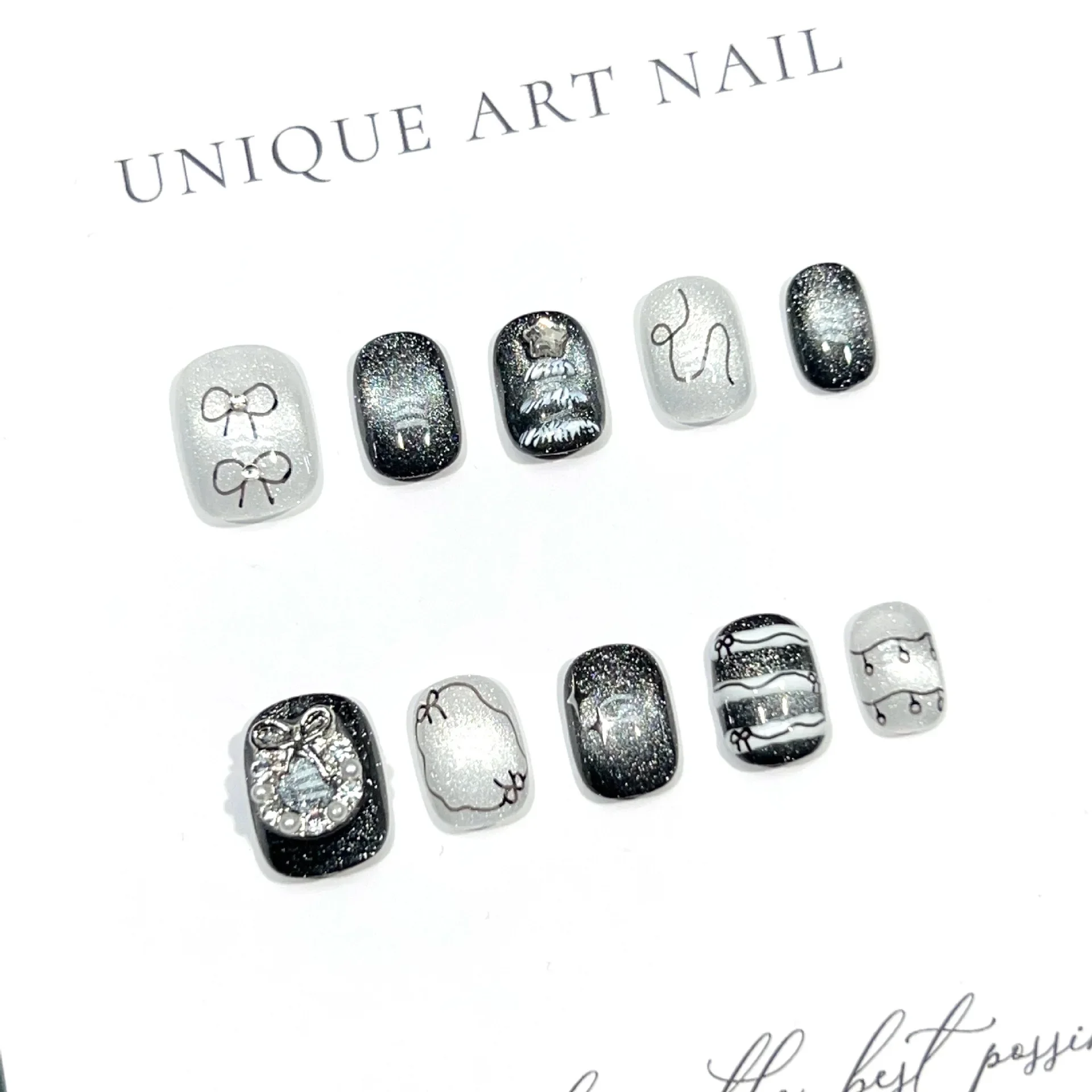 الشتاء الأرز قصيرة الصحافة على الأظافر اليدوية أبيض وأسود اللون الصدام عين القط سوبر بريق القوس بقع الأظافر وهمية #3