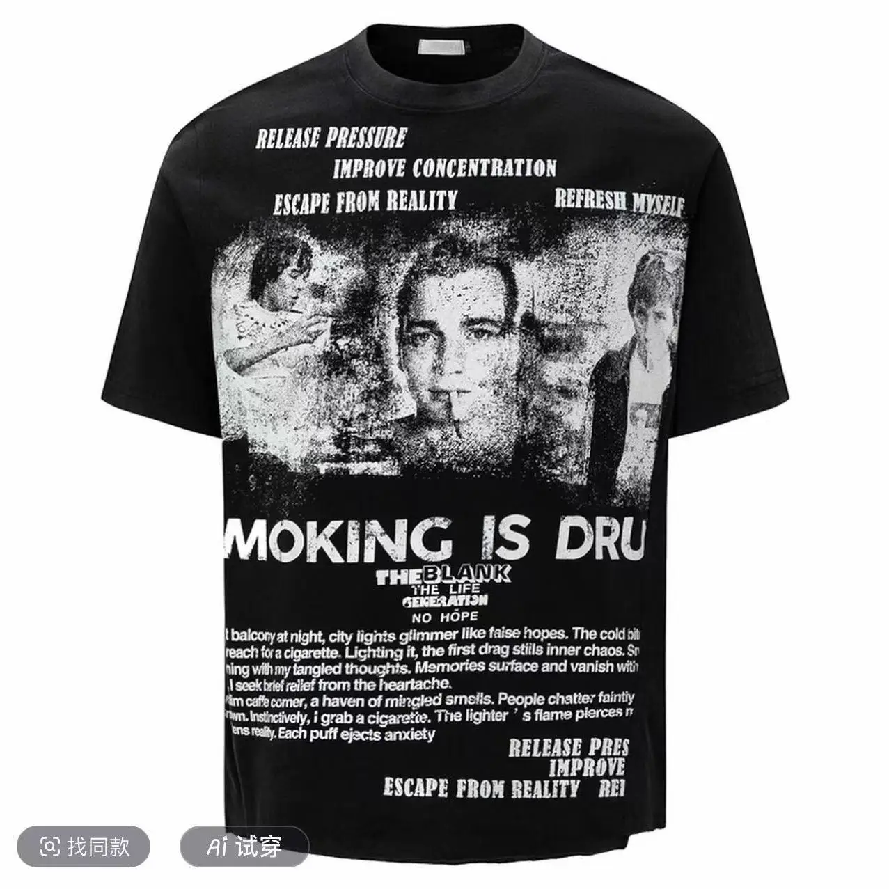 Summer retro design character print short-sleeved T-shirt men's old washed vintage ruffian handsome street bottoming top