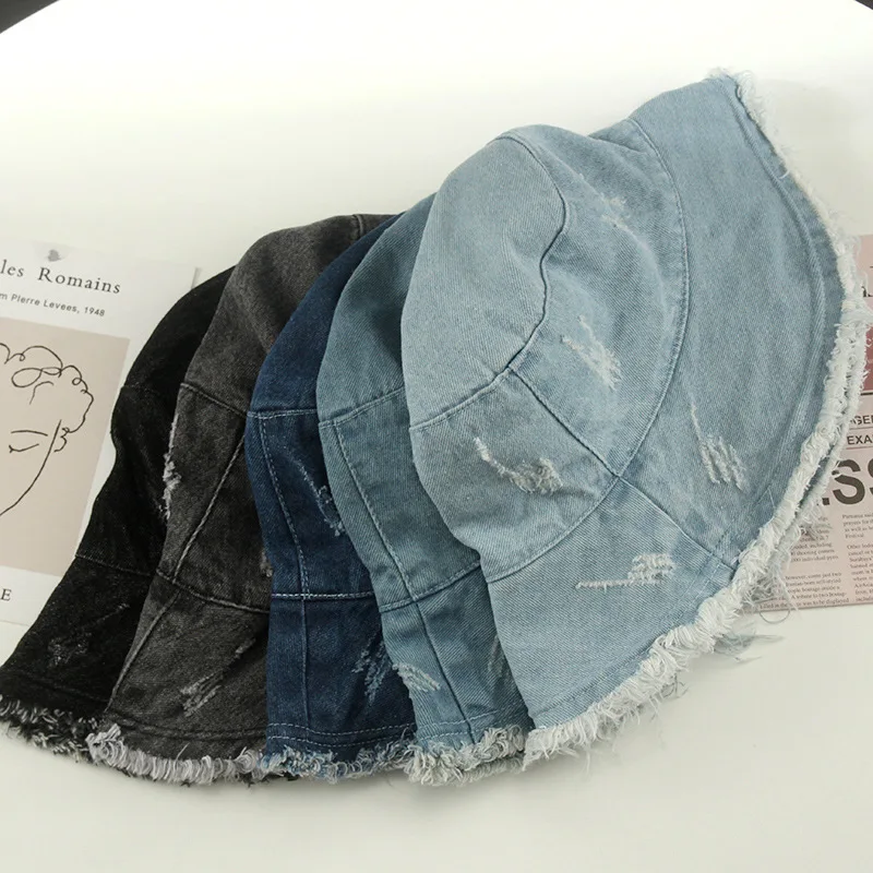 Vintage washed denim bucket hat for women sombrero panama men autumn winter Fisherman Hat iron wire design Foldable basin cap