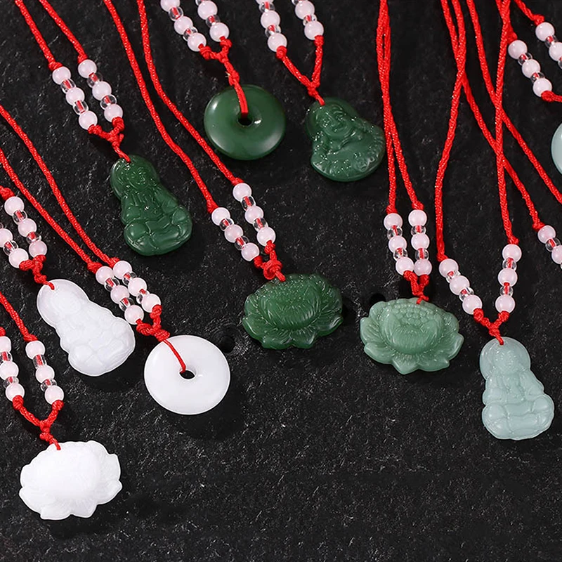 1PC Buddhist Artificial White Jade Hand Woven Pendant Necklace Lotus Guanyin Buddha Long Life Lock Pendant Lucky Necklace Gift