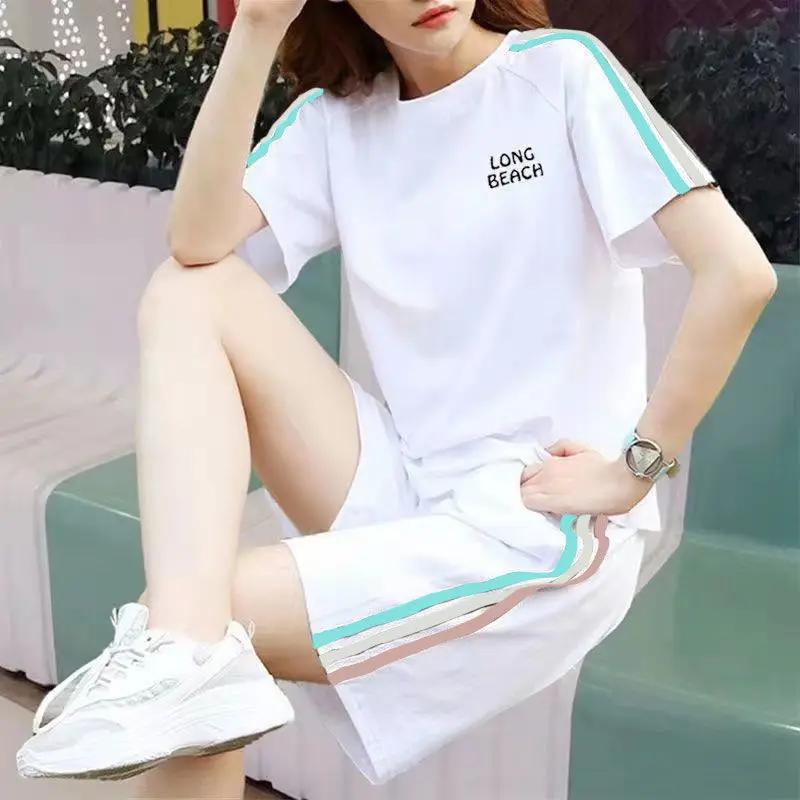 

100% Pure Cotton Casual Sportswear Set for Women Summer Oversized Loose Short Sleeved Shorts Two-piece Set Trendy Women Clothing