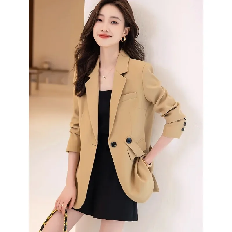 Fashion Women Loose Blazer Coat Apricot Black Khaki Female Long Sleeve Single Breasted Laides Jacket For Autumn Winter