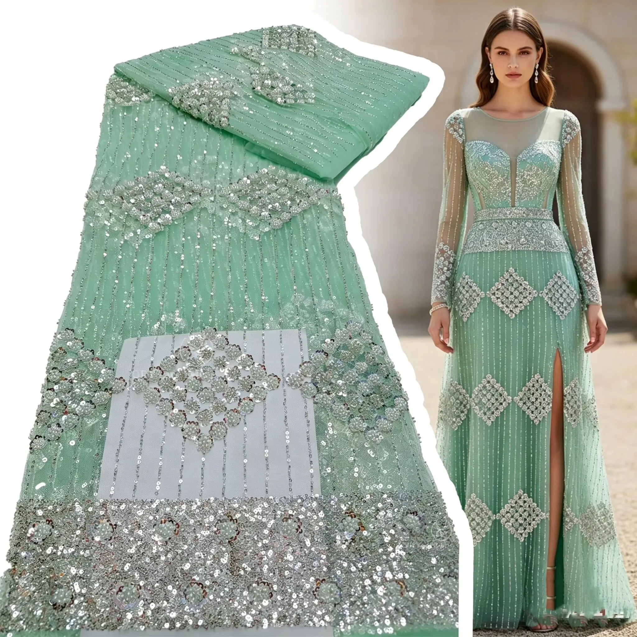 

Hot Sale African Groom Beaded Lace Fabric High Quality French Sequins Mesh Lace Fabric For Nigerian Evening Party Dress Sewing
