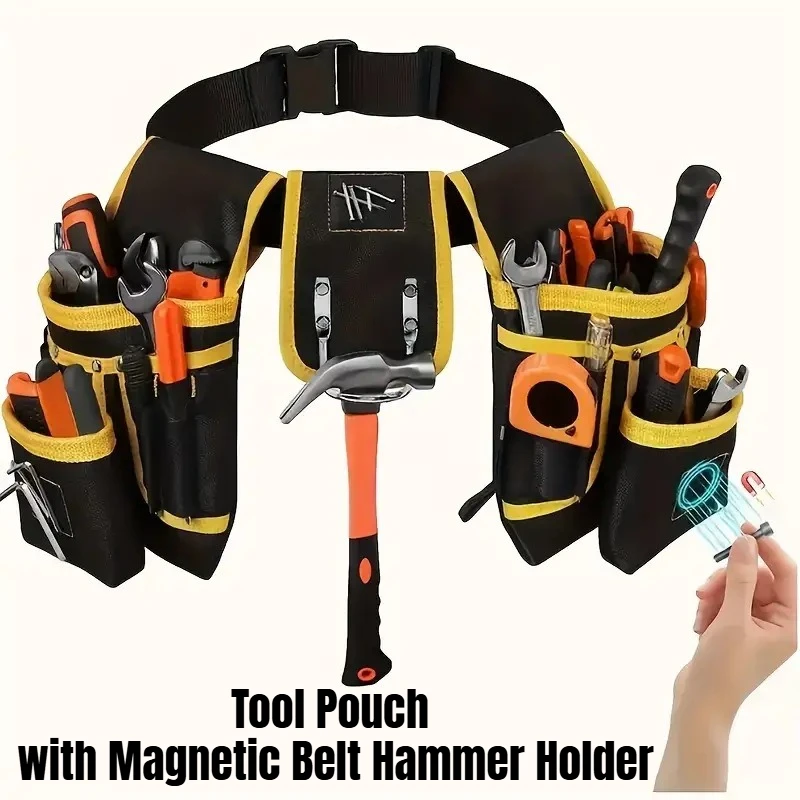 Tool Pouch with Magnetic Belt Hammer Holder & Nail Suction, Multi-Pocket Waist Bag Organizer for Electrician Carpenter Handyman