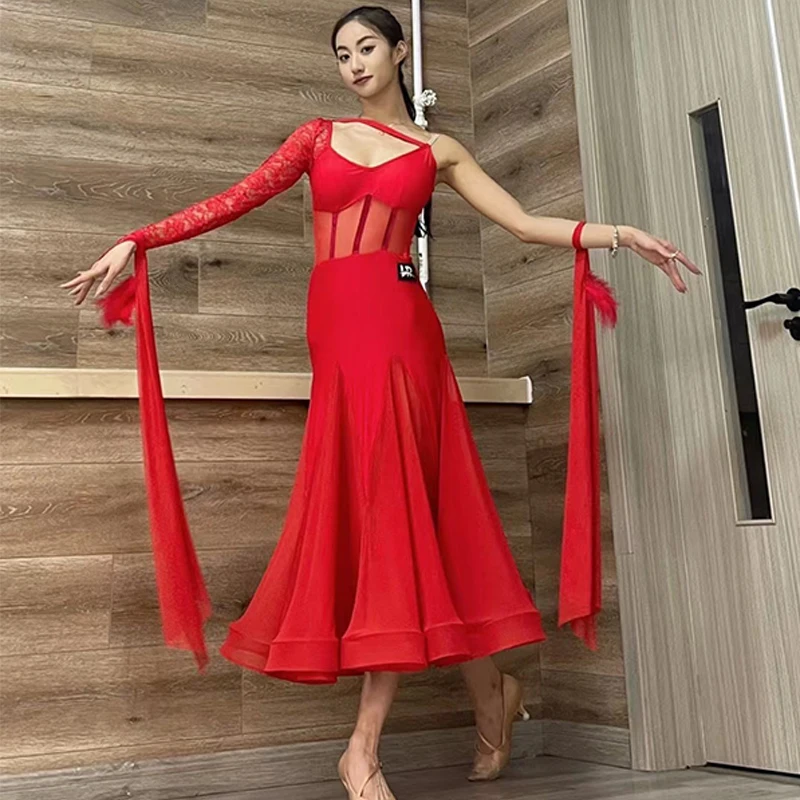 Red Purple Lace One-Sleeved Ballroom Dance Competition Dress Women Waltz Dance Costume Modern Dance Performance Clothes BL9858