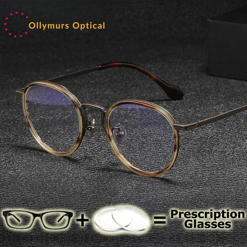 

OLLYMURS Round Prescription Glasses Acetate Pure Titanium Myopia Photochromic Lenses Men's Medical Glasses Optical Lenses Progre