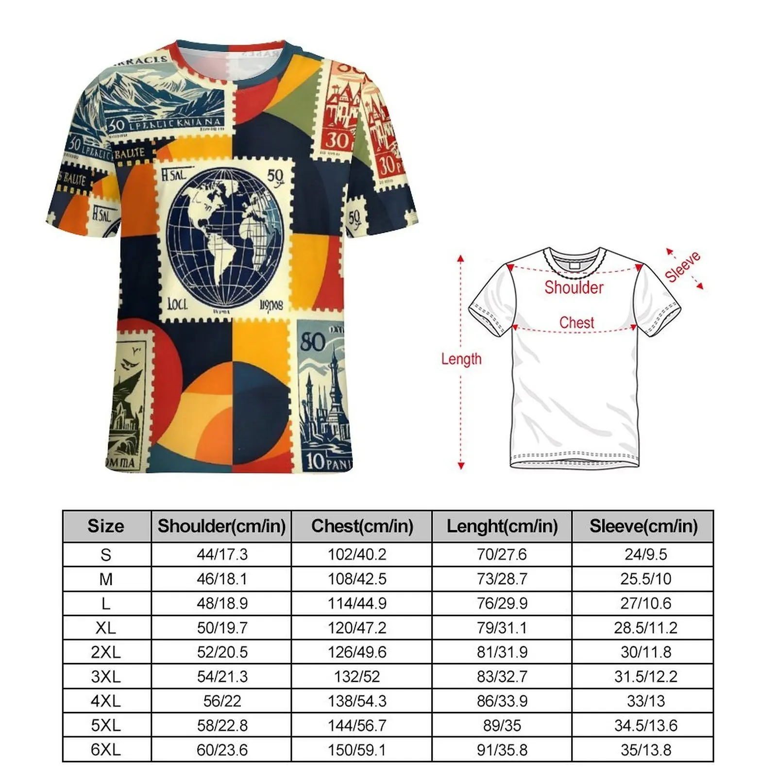 Original T-Shirt Postage Stamp Abstract Colorful Design T Shirts Casual Retro Tees For Men Short Sleeves Graphic Big Size Tops