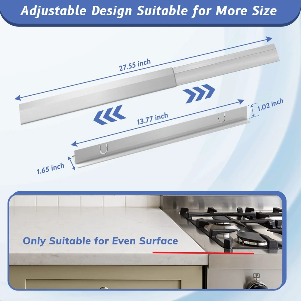 A98E-Stove Gap Covers Stainless Steel 2 Packs, 13.8-27.6 Inch Adjustable Heat Resistant Not Sharp Gap Filler