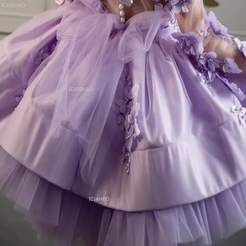 Purple Girls Long Sleeve Party Dress New Puffy Evening Pageant Formal Celebration Tulle Princess Gown for Birthday Fashion Show view 6