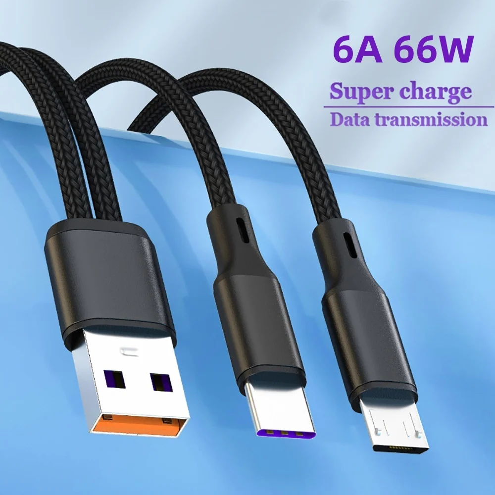 6A 66W 2 in 1 USB Type C Cable Fast Charging Phone Charger Data Cord For Samsung Xiaomi Redmi Huawei Micro USB Quick Charge Wire