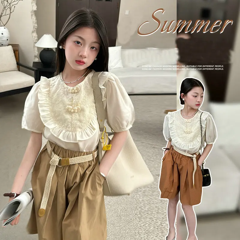 design teen girls shorts clothes set Lotus collar shirt+wide leg shorts 2pc junior girl suit Korean child outfits vetement fille