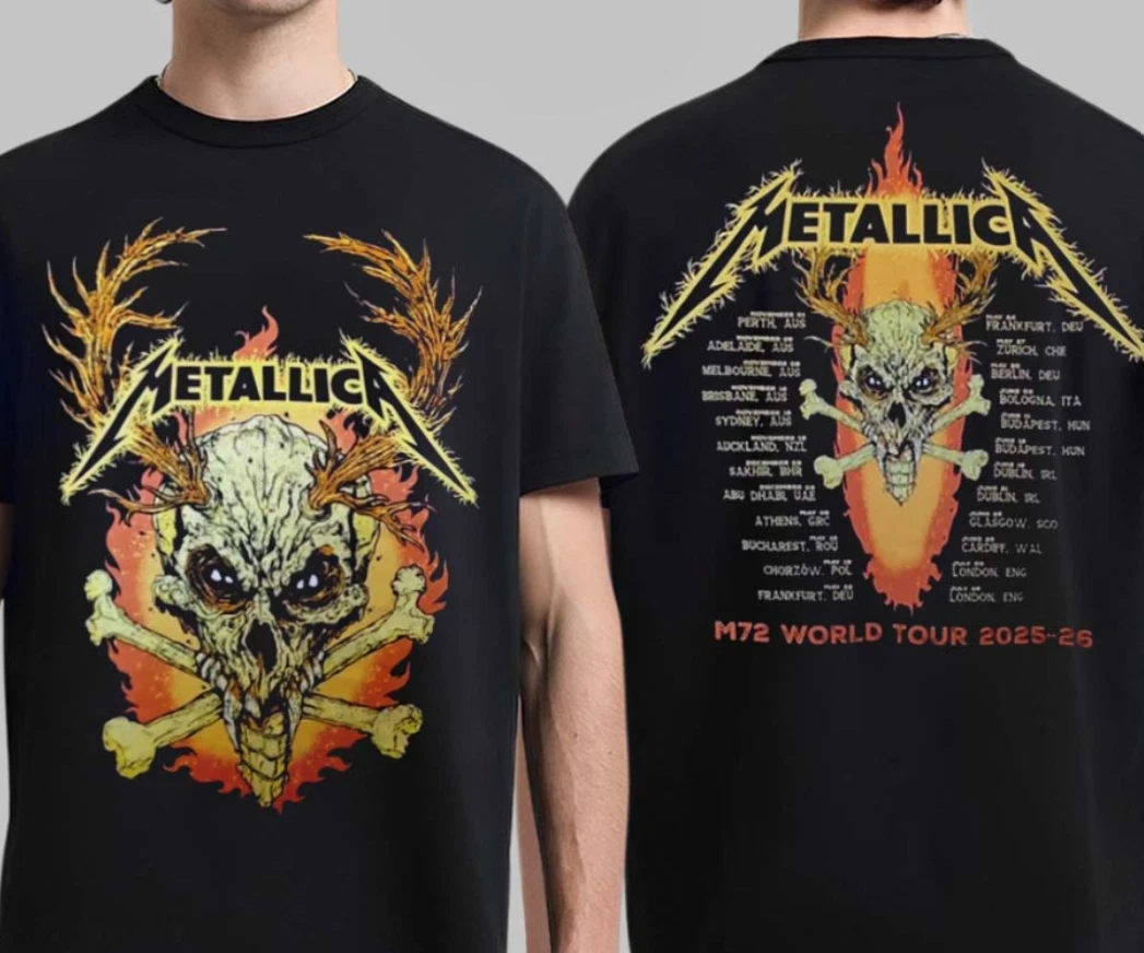 Metallica M72 World Tour 2025 2026 Flame Skull Dates T-Shirt 100% Cotton Graphic Tee Men Women Summer Streetwear