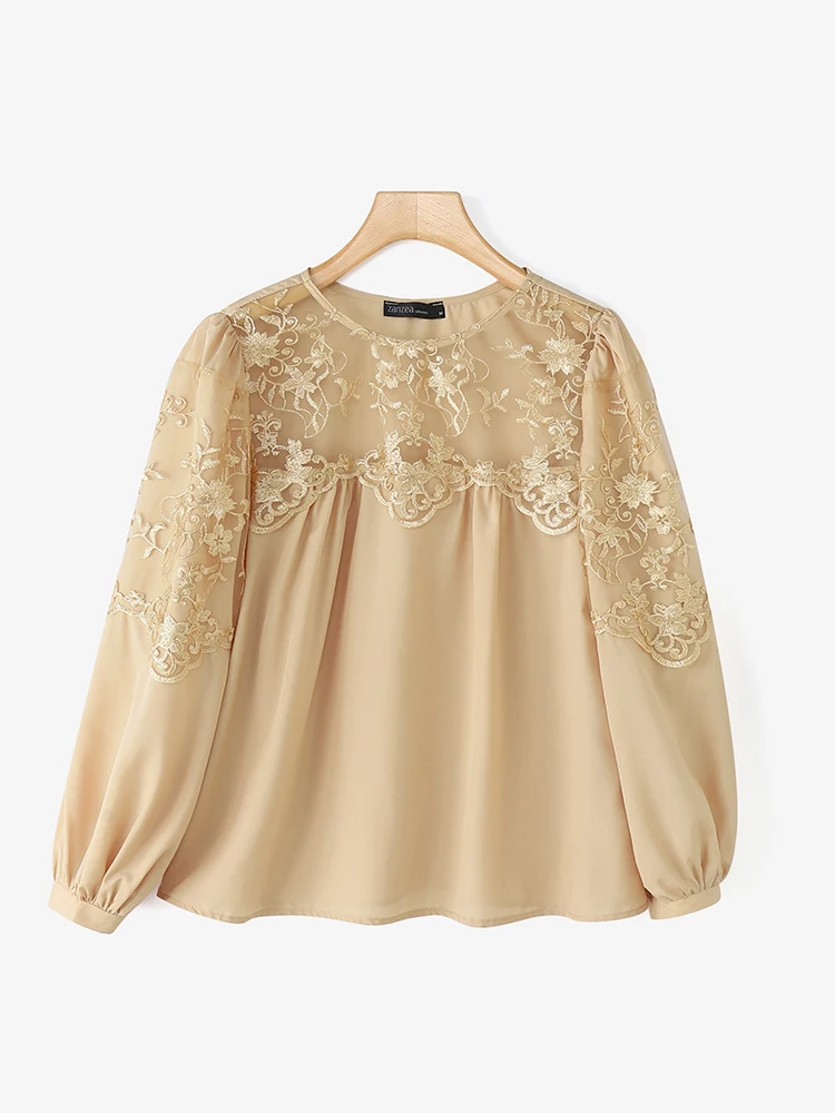 2025 ZANZEA Elegancka damska bluzka z koronką, jesienna koszula patchworkowa, codzienna, modna tunika z falbankami, długi rękaw, vintage bluzki damskie