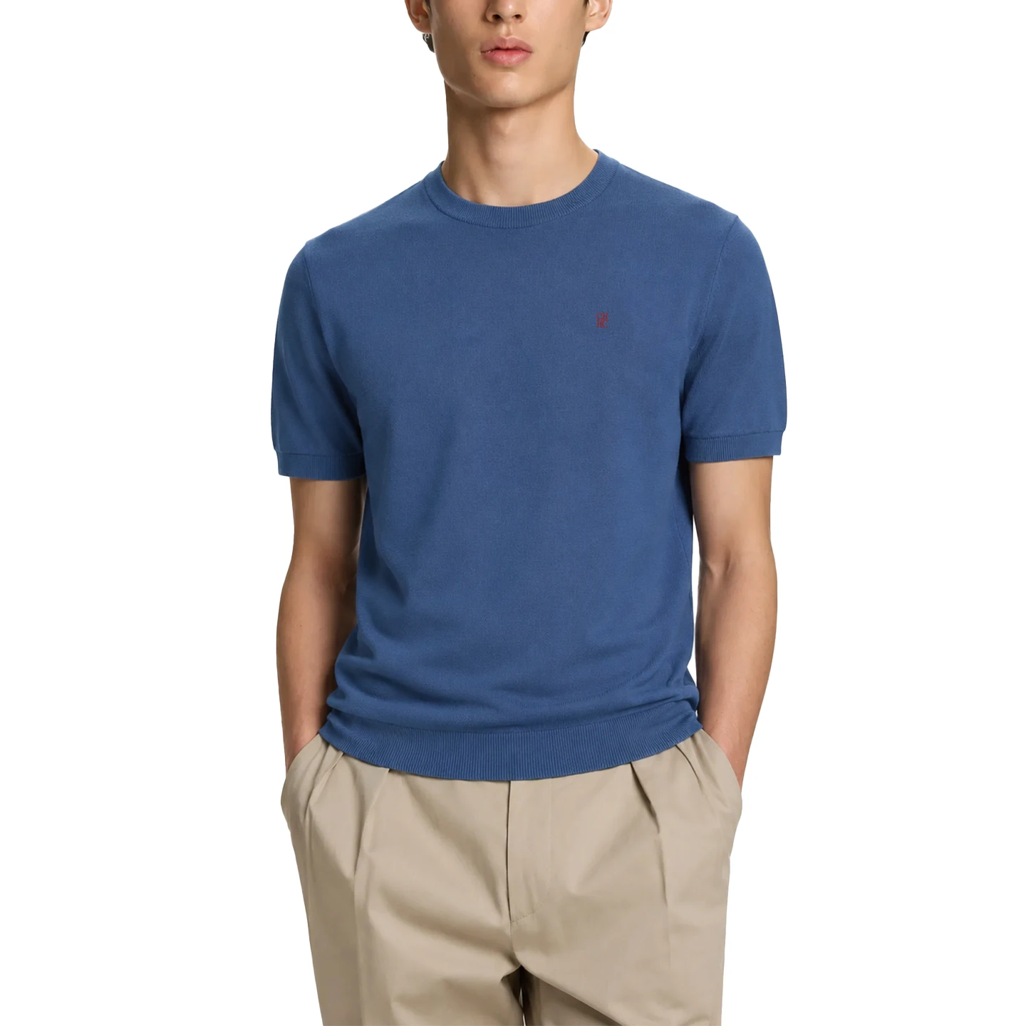 CH Embroidered Solid Color Short Sleeve Knit T Shirt Men Crew Neck Regular Fit All Match Soft Touch Casual Daily Tops