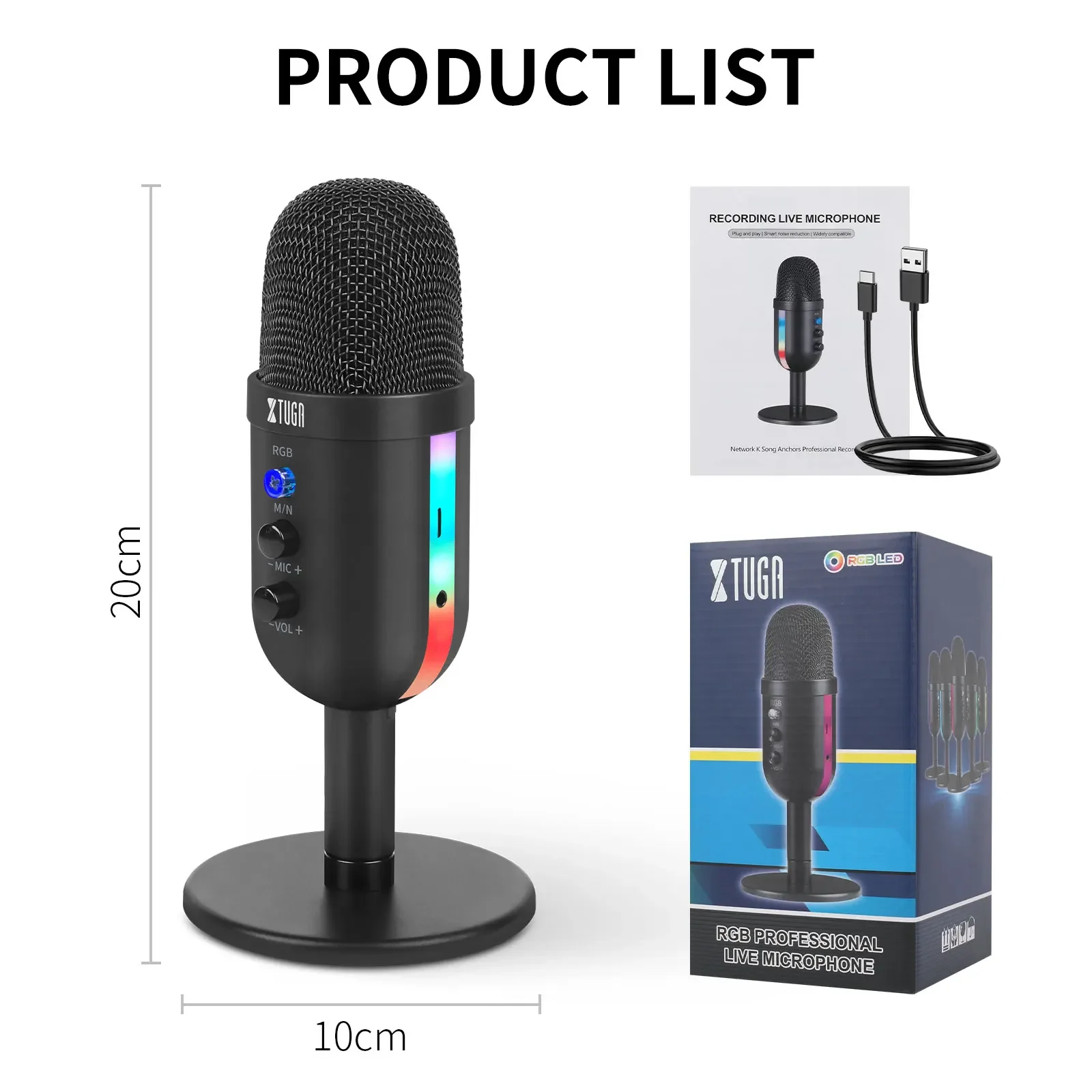 XTUGA MU2000 RGB Mini Condenser Microphone USB Interface Suitable For Gaming Voice Computer Live Streaming Video Conferencing