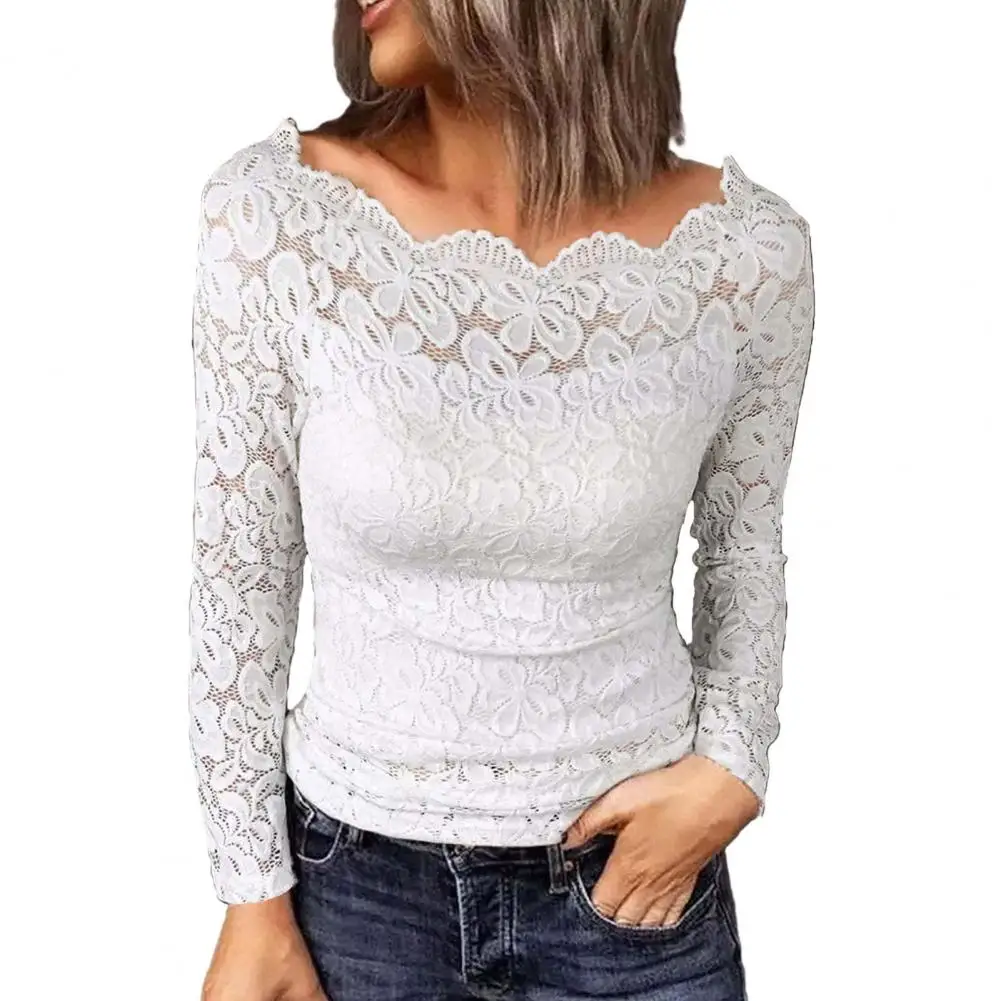 

Lightweight Lace Top Elegant Women's Off Shoulder Lace Embroidery Blouse Slim Fit Solid Color Shirt Streetwear Fashion Top