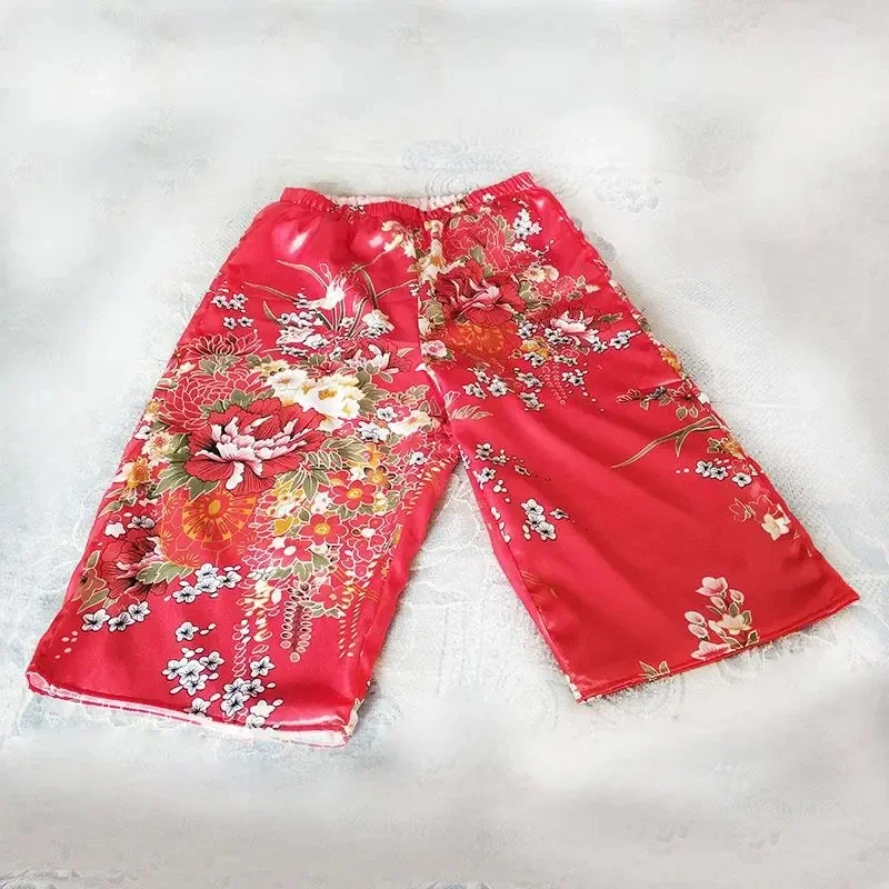 

Imitation Silk Floral Print Soft Glossy Satin Silky Touch Cropped Pants Leisure Loose Straight Tube Trousers