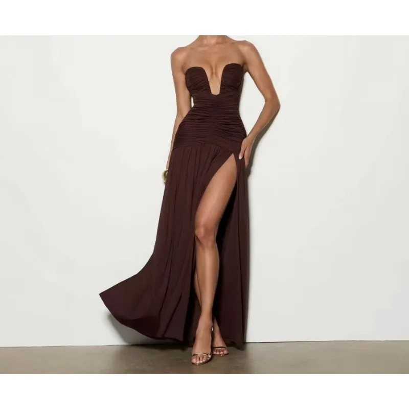 Summer New Women's High Waisted Sleeveless Elegant Temperament Solid Color Sexy Strapless High Slit Pleated Slim Fit Dress