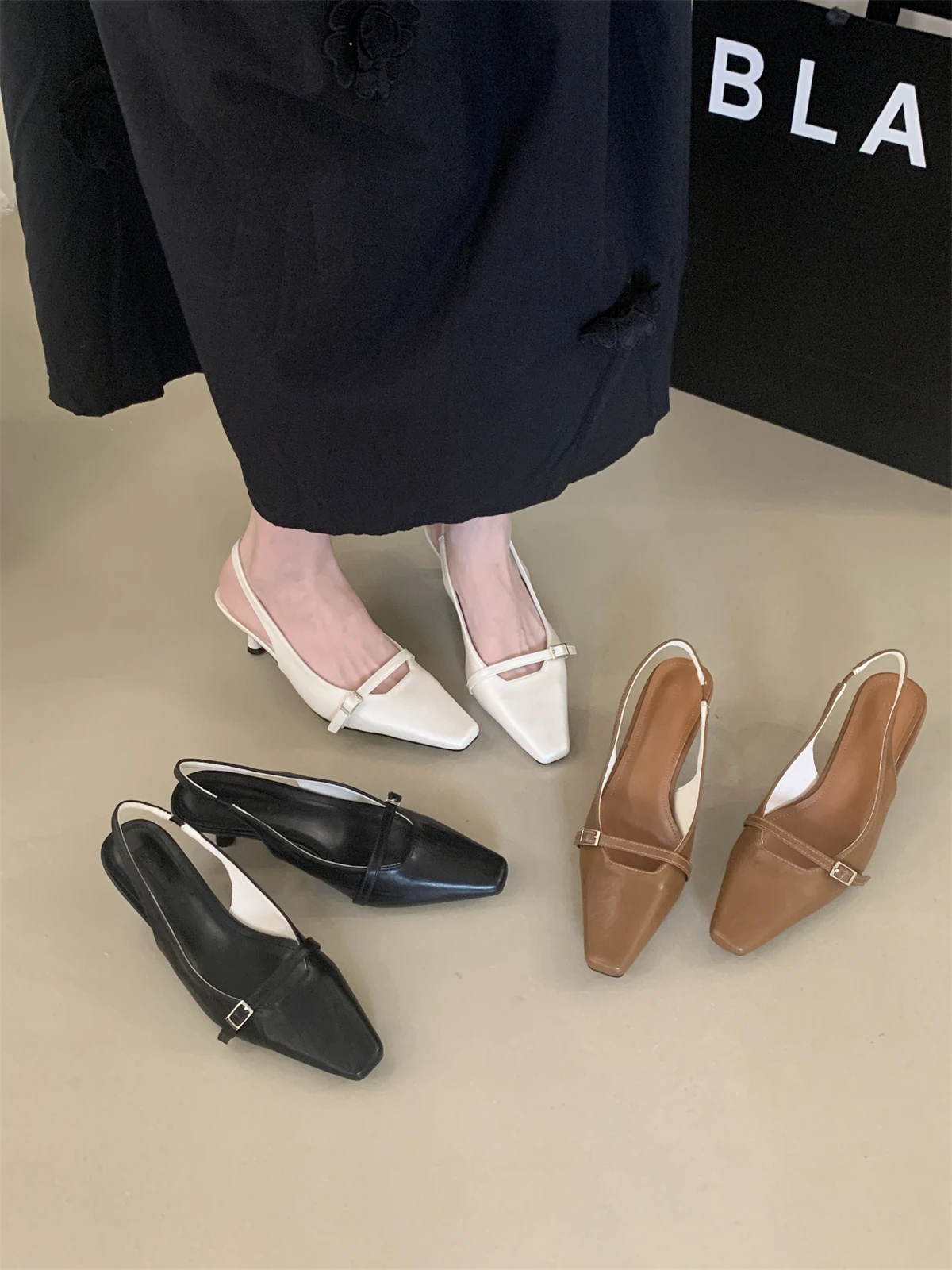 

New Summer Women's Dress Shoes Patent Leather Slip on Pointed Toe Sandals Buckle Slingbacks Mid Heels Pumps Sandalias Mujer