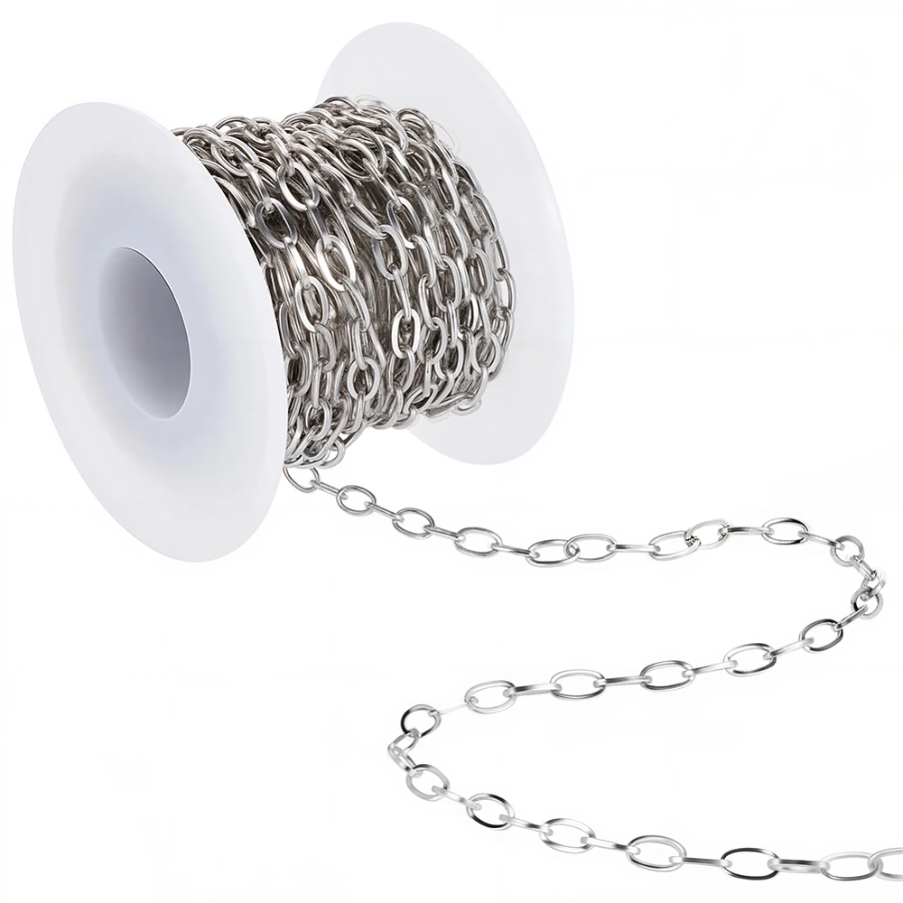 16.4 Feet/5M Stainless Steel Cable Chain Roll with Plastic Spool Silver Oval 7 x 4mm Textured Soldered Jewelry Link Chain