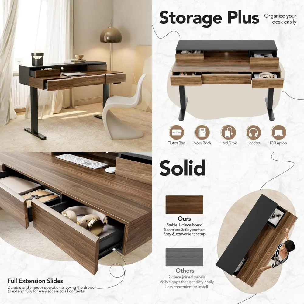 Height Adjustable Electric Standing Desk 48 with Drawers and Monitor Shelf, Whole-Piece Board Construction, Ergonomic Stand-Up D