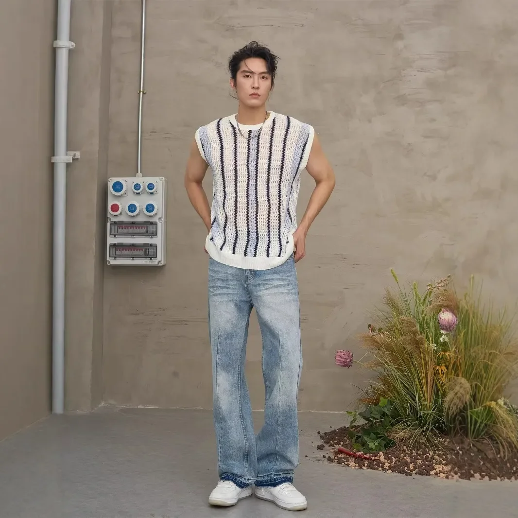 Striped Knit Sleeveless Top For Men Summer Casual Trendy Breathable Design Round Neck Lightweight Wear