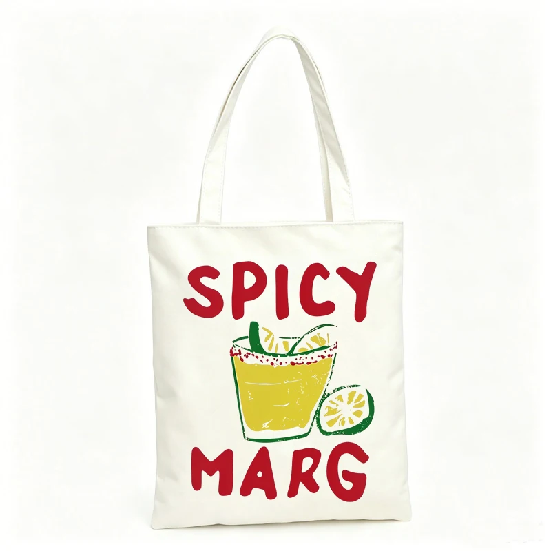 Women's canvas tote bag with cocktail and typography print, casual style for summer outings and daily use