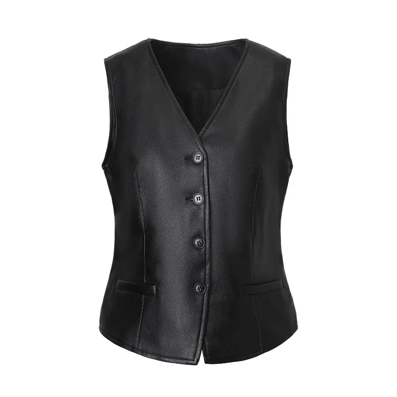 

Vintage Leatner Vest for Women Elegant PU Sleeveless Jacket Regular Fit Black Vintage Women's Coat Moto Biker Outerwears